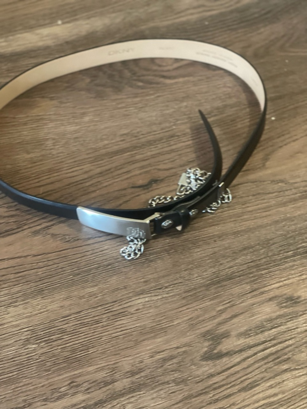 DKNY Black Leather Slim Belt with Silver Chain Accent